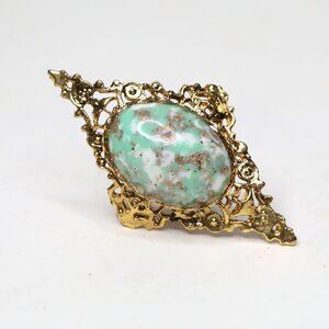 Ornate Goth Victorian Ring Marbled Stone Gold Green White Renaissance Statement
